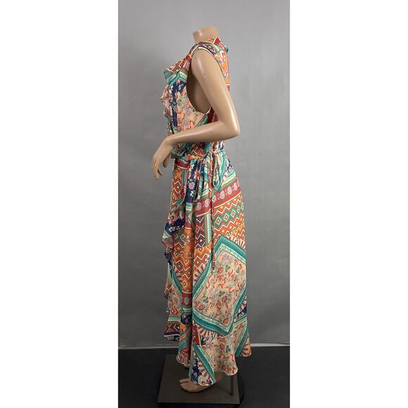 Reba Dress Women XL Floral Print Midi Hi-Low Ruffle Faux Wrap Chiffon Boho - Picture 3 of 10